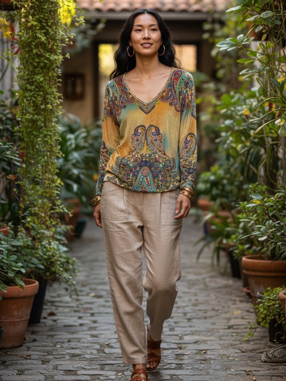 The Pyramid Collection Velvet Printed Top Women's M Boho Chic Multicolor